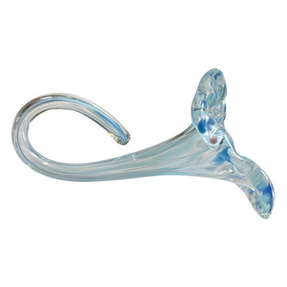 Glass flower vase with blue and clear design on a white background