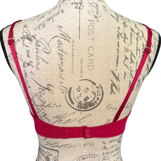 A close-up back view of a mannequin torso wearing a red bra from the back. The mannequin has a vintage-style beige fabric printed with postcards and cursive writing.