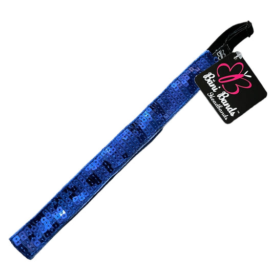 A blue sequined headband and a black brand tag on a plain white background.