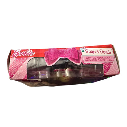 Top view of Barbie Soap & Scrub set packaging with pink bow and brand name on a white background
