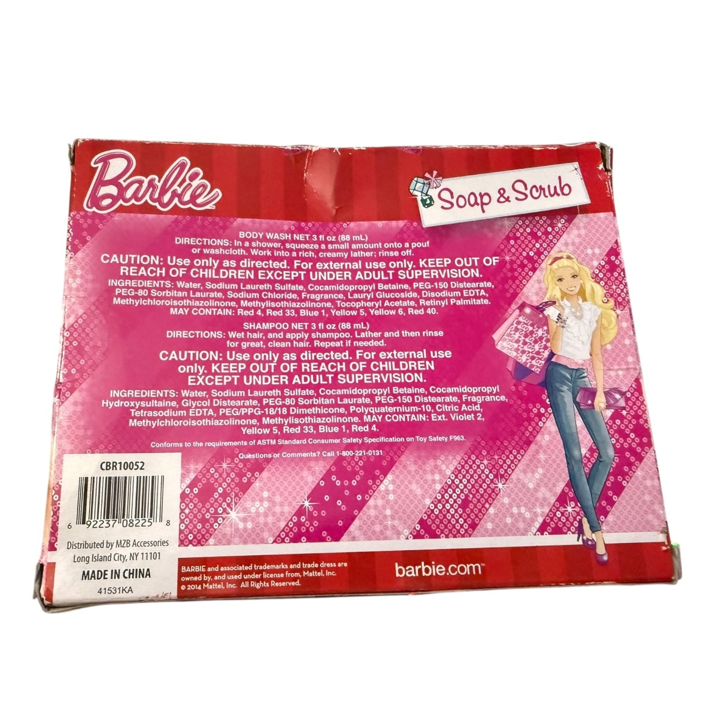Back of Barbie Soap & Scrub packaging with product details and branding.