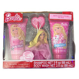 Barbie-themed shampoo and body wash set in packaging with a heart-shaped balloon.
