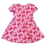 Back of Pink dress with Barbie logo pattern on a white background