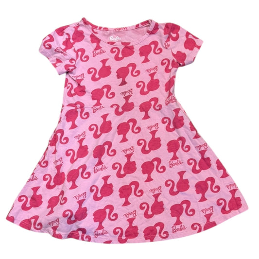 Front of Pink dress with Barbie logo pattern on a white background