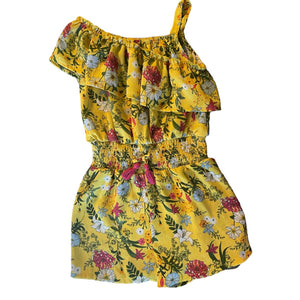 BCBGirls Yellow One Shoulder Floral Romper front