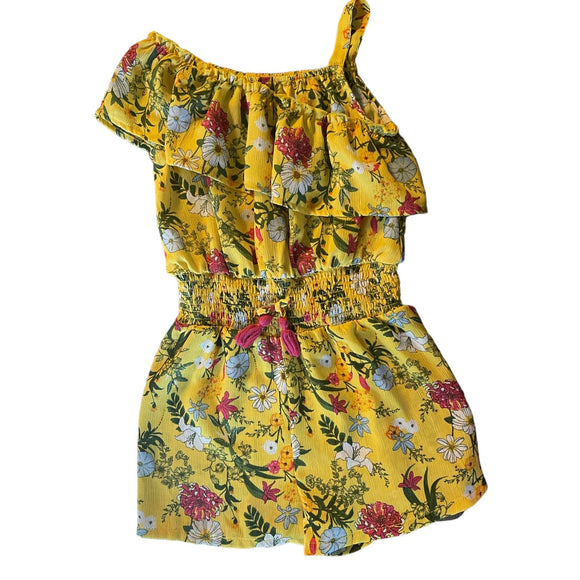 BCBGirls Yellow One Shoulder Floral Romper front