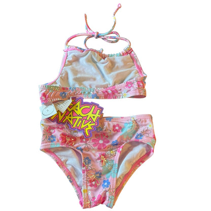 Colorful bikini set with floral patterns on a white background