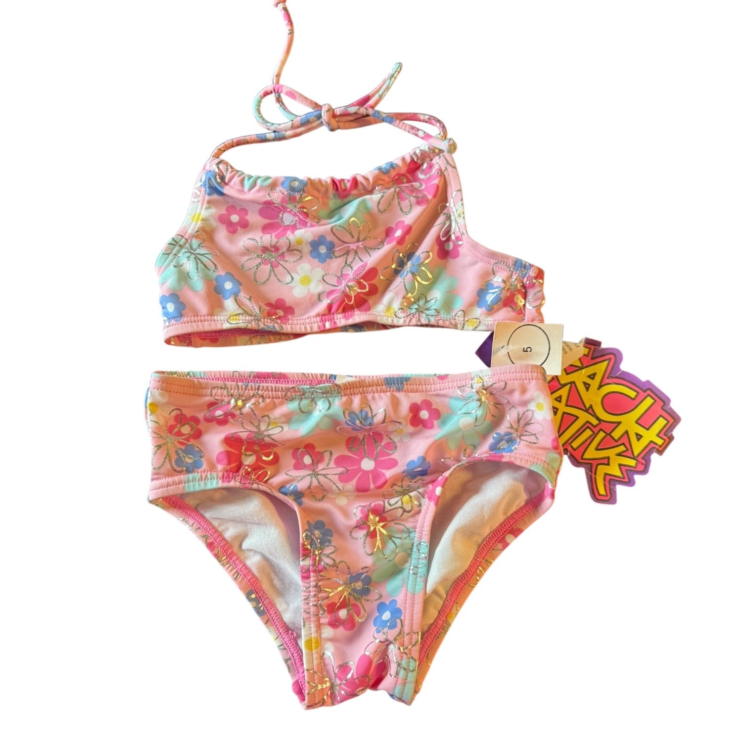 Colorful floral bikini set with a visible brand tag on a white background