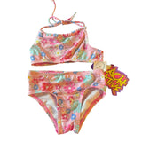 Colorful floral bikini set with a visible brand tag on a white background