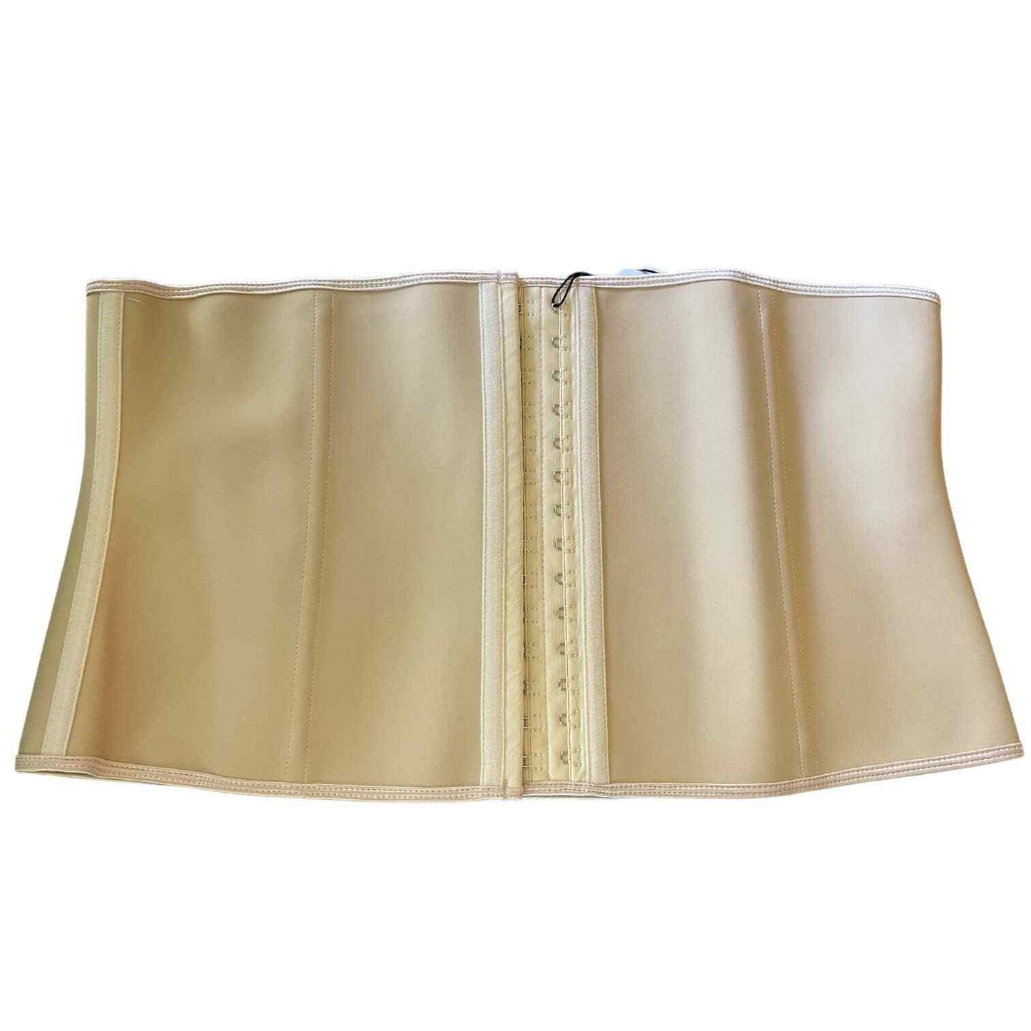 A beige structured waist trainer corset belt with a central hook-and-eye closure, shown against a plain white background.