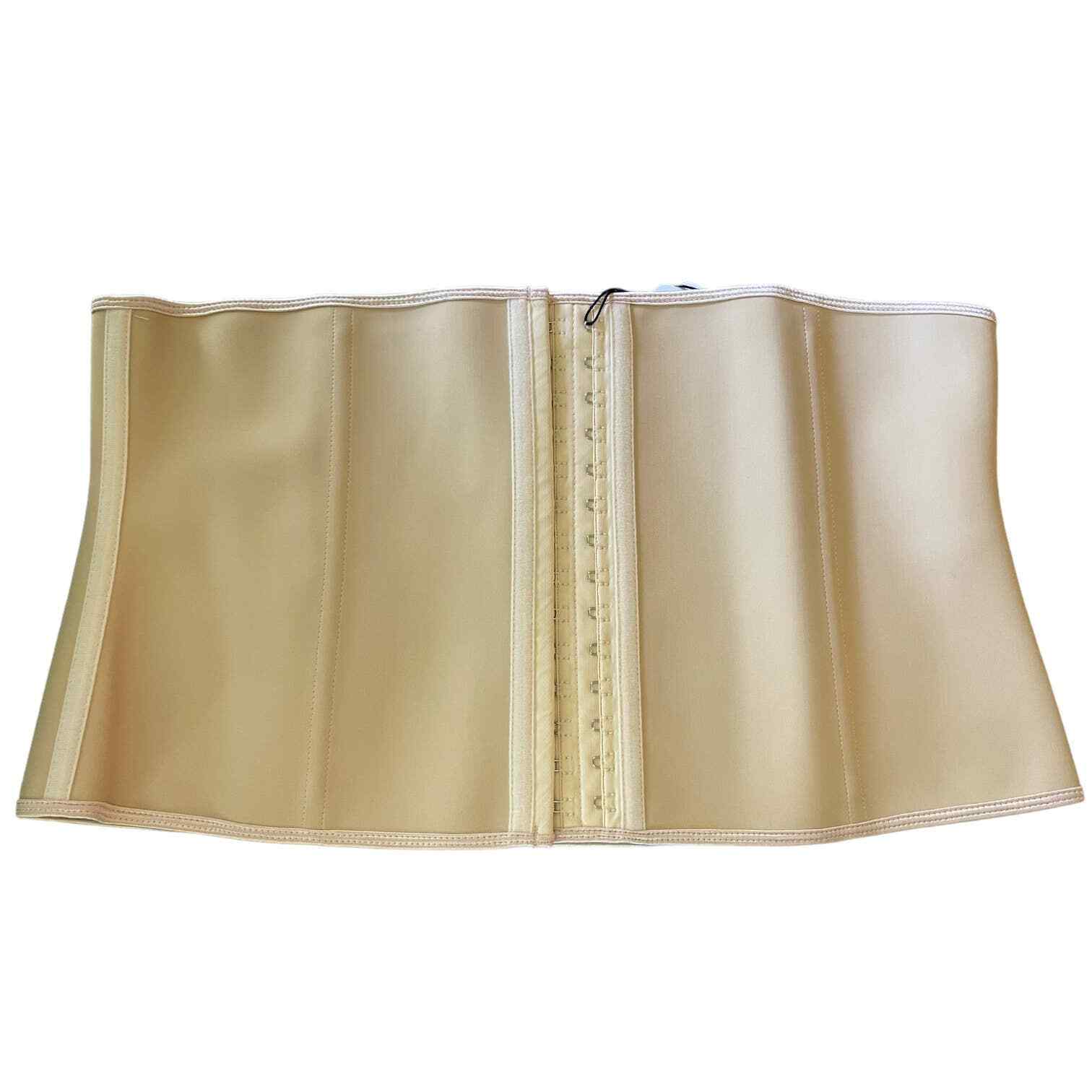 A beige structured waist trainer corset belt with a central hook-and-eye closure, shown against a plain white background.
