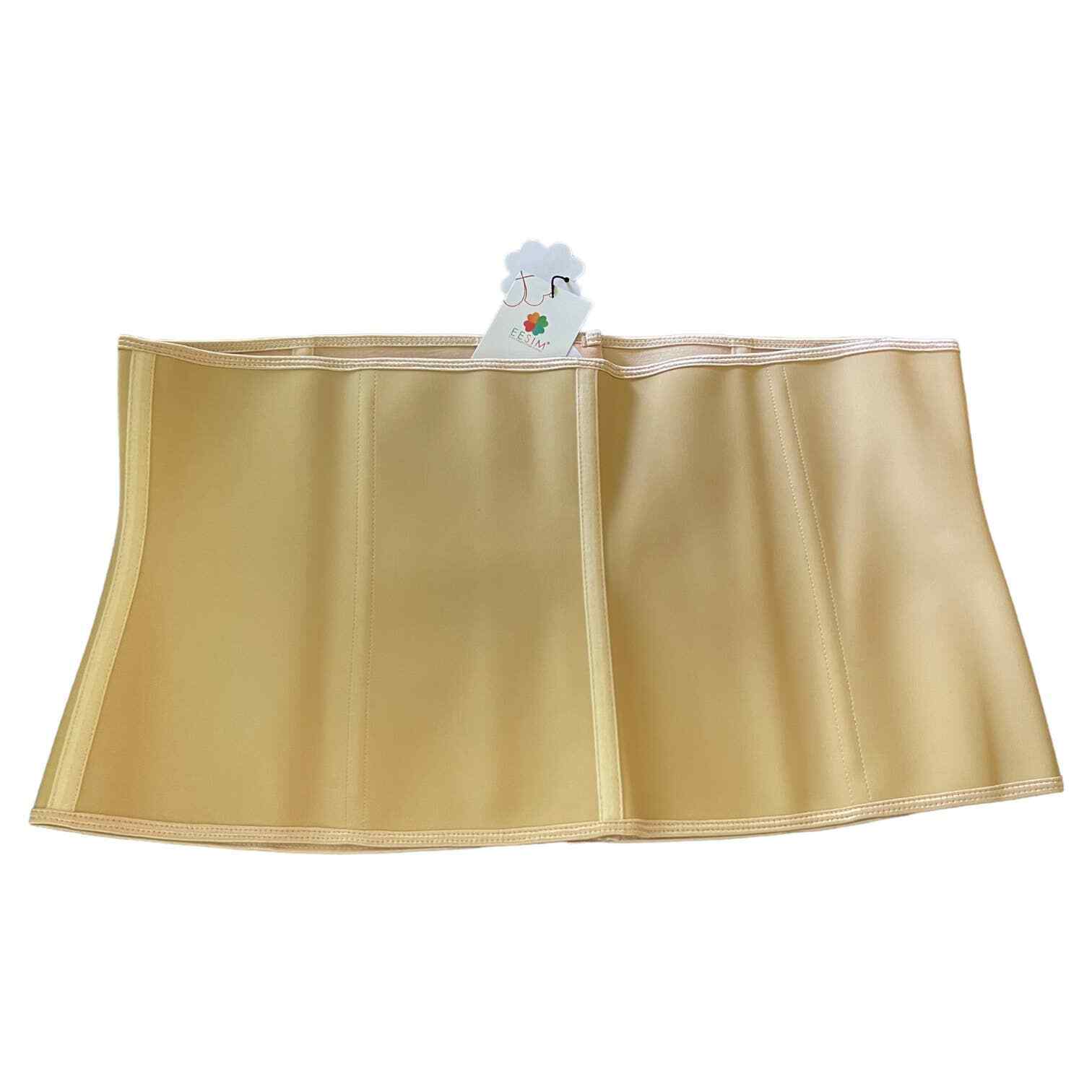 A beige waist trainer belt with a white paper tag attached, displayed flat against a solid white background.