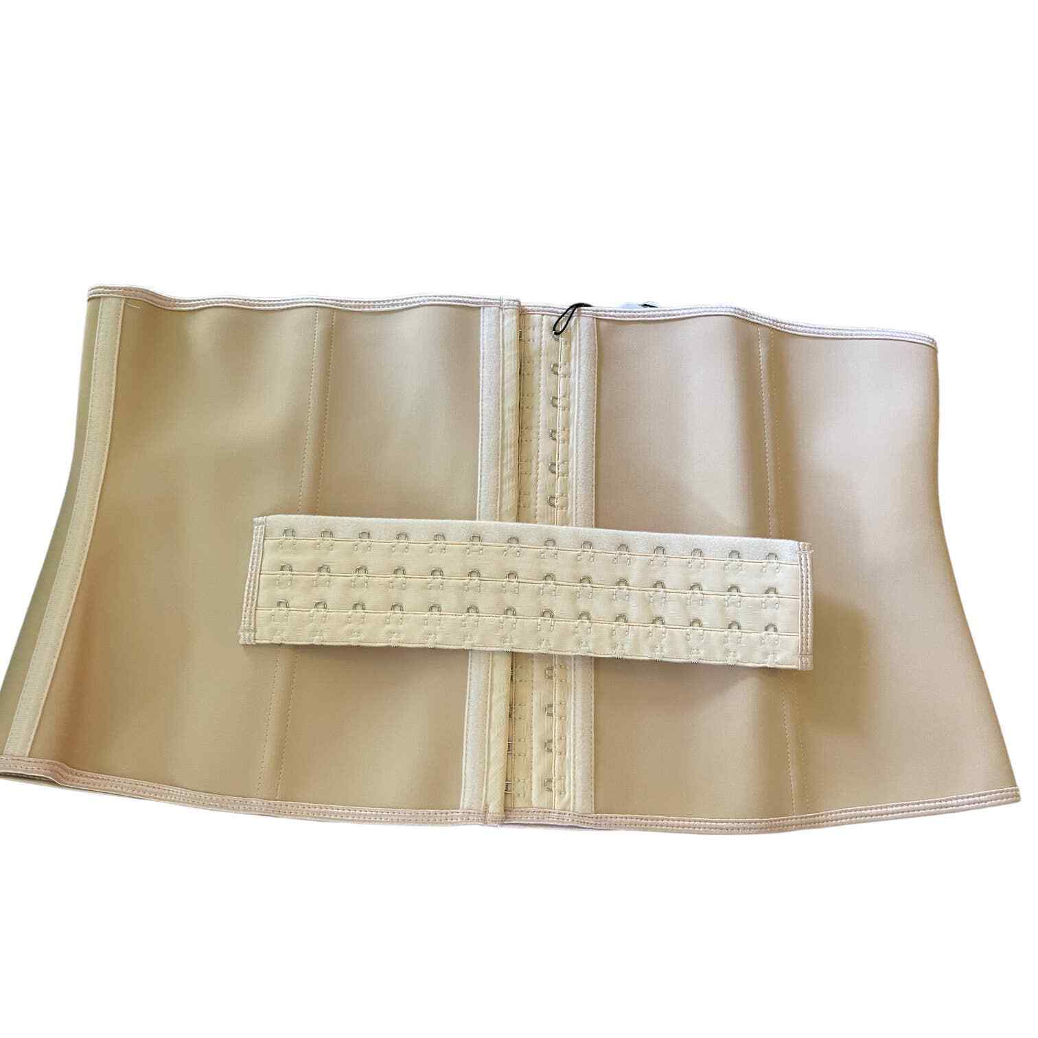 Beige structured waist trainer belt with a central hook-and-loop closure panel and a metal D-ring, shown flat against a white background.