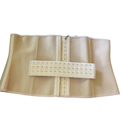 Beige structured waist trainer belt with a central hook-and-loop closure panel and a metal D-ring, shown flat against a white background.