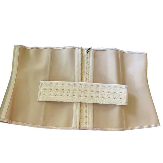 Beige structured waist trainer belt with a central hook-and-loop closure panel and a metal D-ring, shown flat against a white background.