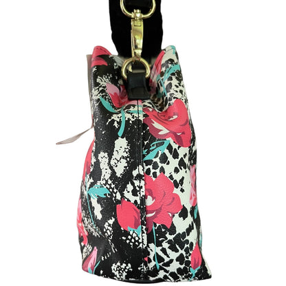 A black bucket bag with a vibrant floral and leopard print pattern from a side view, featuring a black strap and  hardware on a white background.