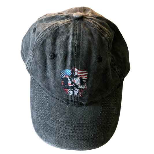 Black baseball cap with a patch featuring an American flag and soldier design on a white background