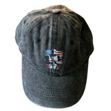Black baseball cap with a patch featuring an American flag and soldier design on a white background