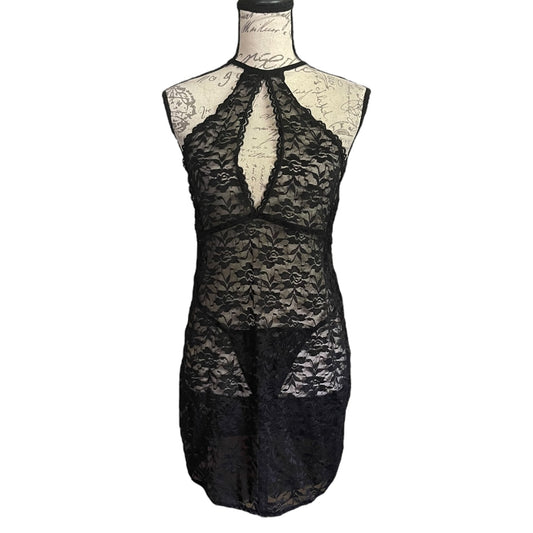 Black lace lingerie set on a mannequin against a white background