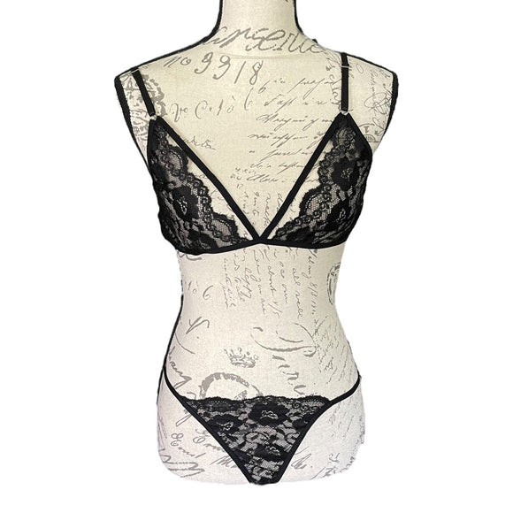 Black Lingerie Bra Panty Garter Belt & Stocking front