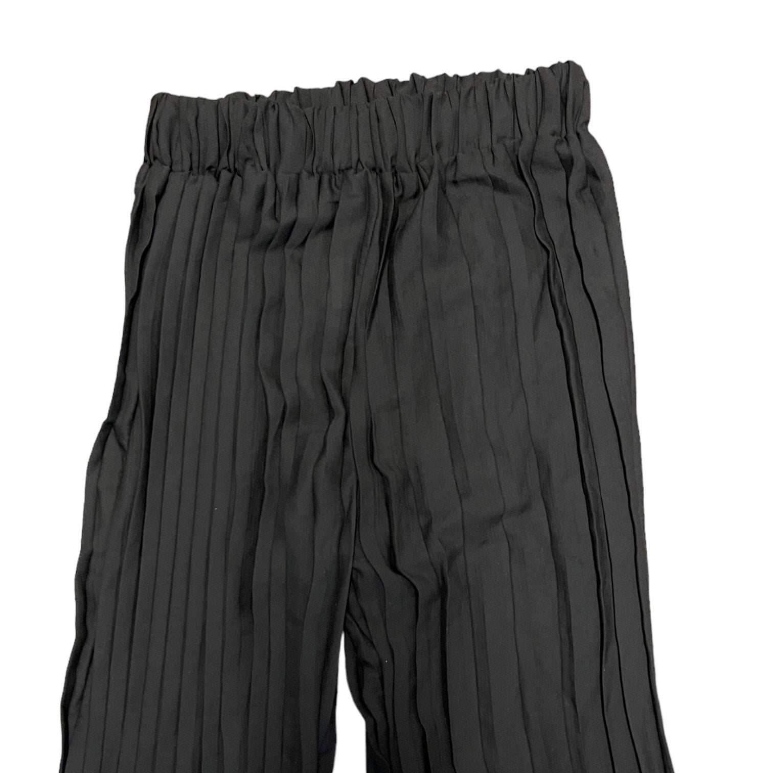 Black pleated cover up pants with an elastic waistband, shown against a plain white background.