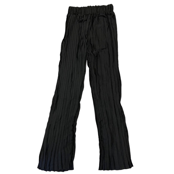 Front of black pleated sheer pants