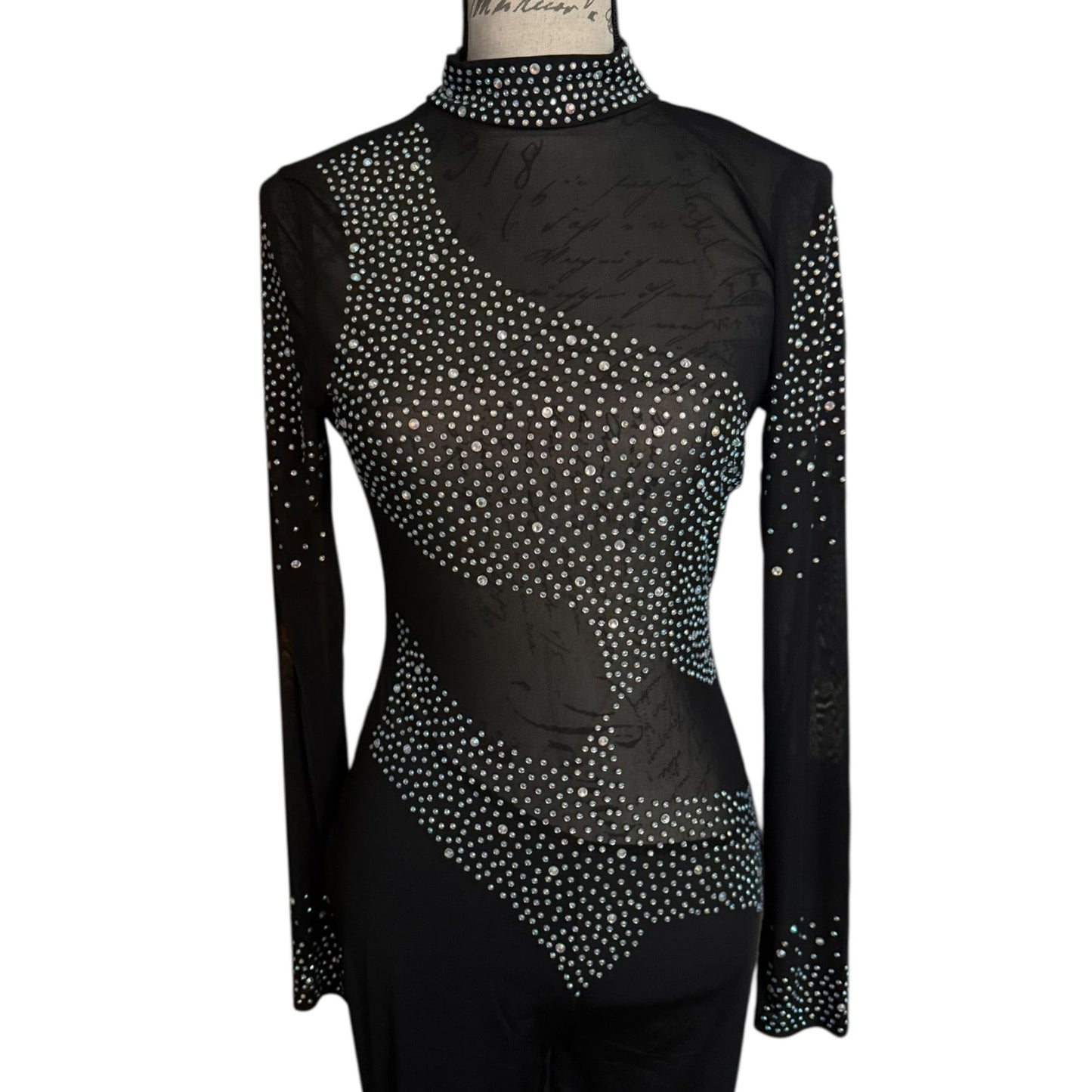 Close up front of Black long-sleeve top with rhinestone embellishments on a mannequin against a white background