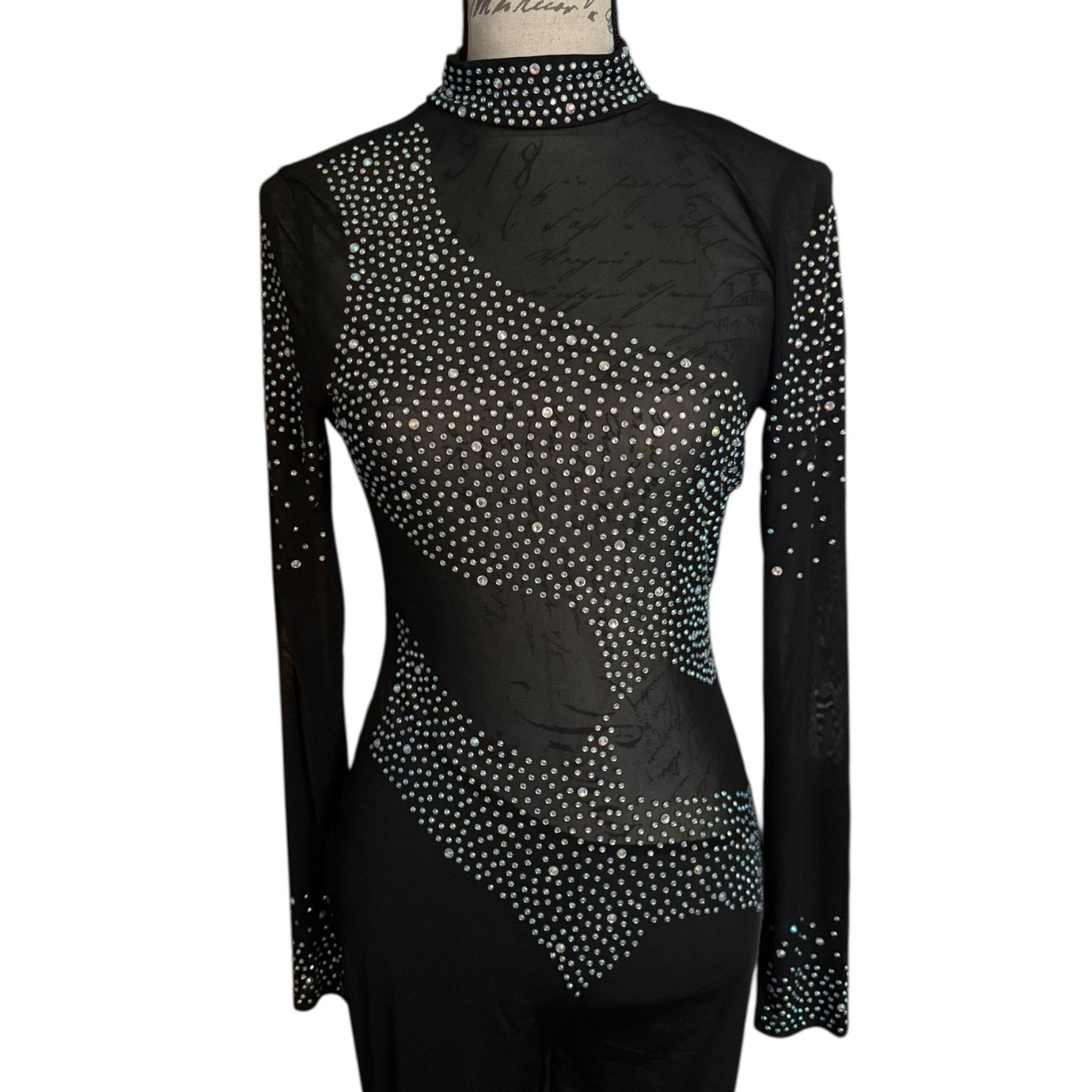 Close up front of Black long-sleeve top with rhinestone embellishments on a mannequin against a white background