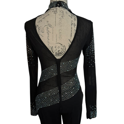 Back of black catsuit with rhinestone details on a mannequin against a white background