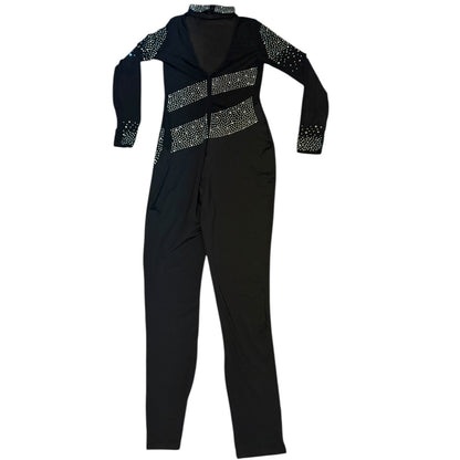 Back of Black jumpsuit laying flat with embellishments on a white background