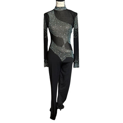Black mesh catsuit front rhinestone embellishments on a white background
