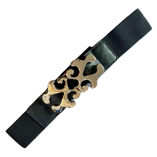 A black elastic belt with a large, ornate gold-tone metal buckle featuring a stylized cutout design, shown on a plain white background.