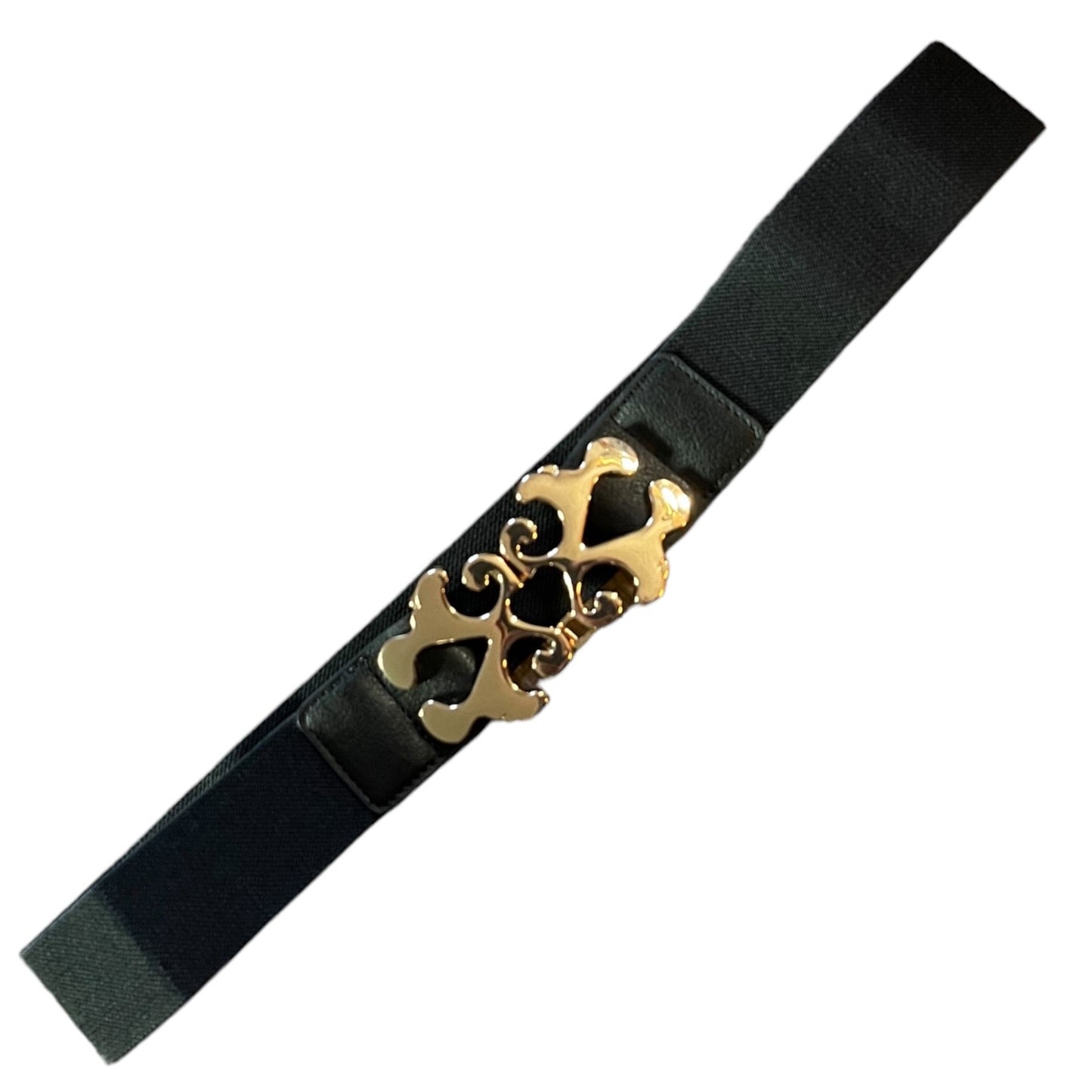 A black elastic belt with a decorative gold-tone metal buckle, shown diagonally on a plain white background.