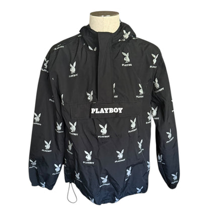 Black jacket with Playboy logo on a mannequin against a white background