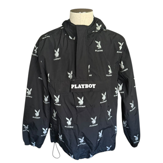 Black jacket with Playboy logo on a mannequin against a white background