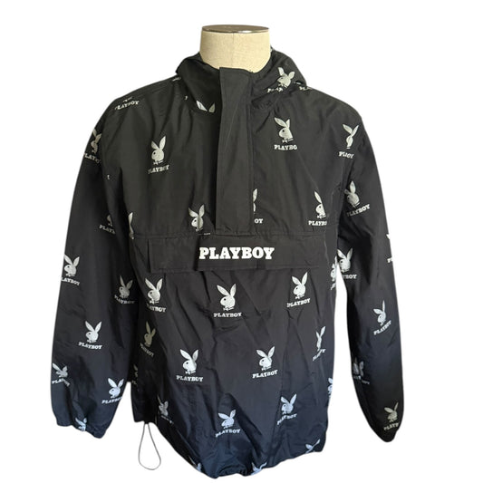 Black jacket with Playboy logo and branding on a mannequin against a white background