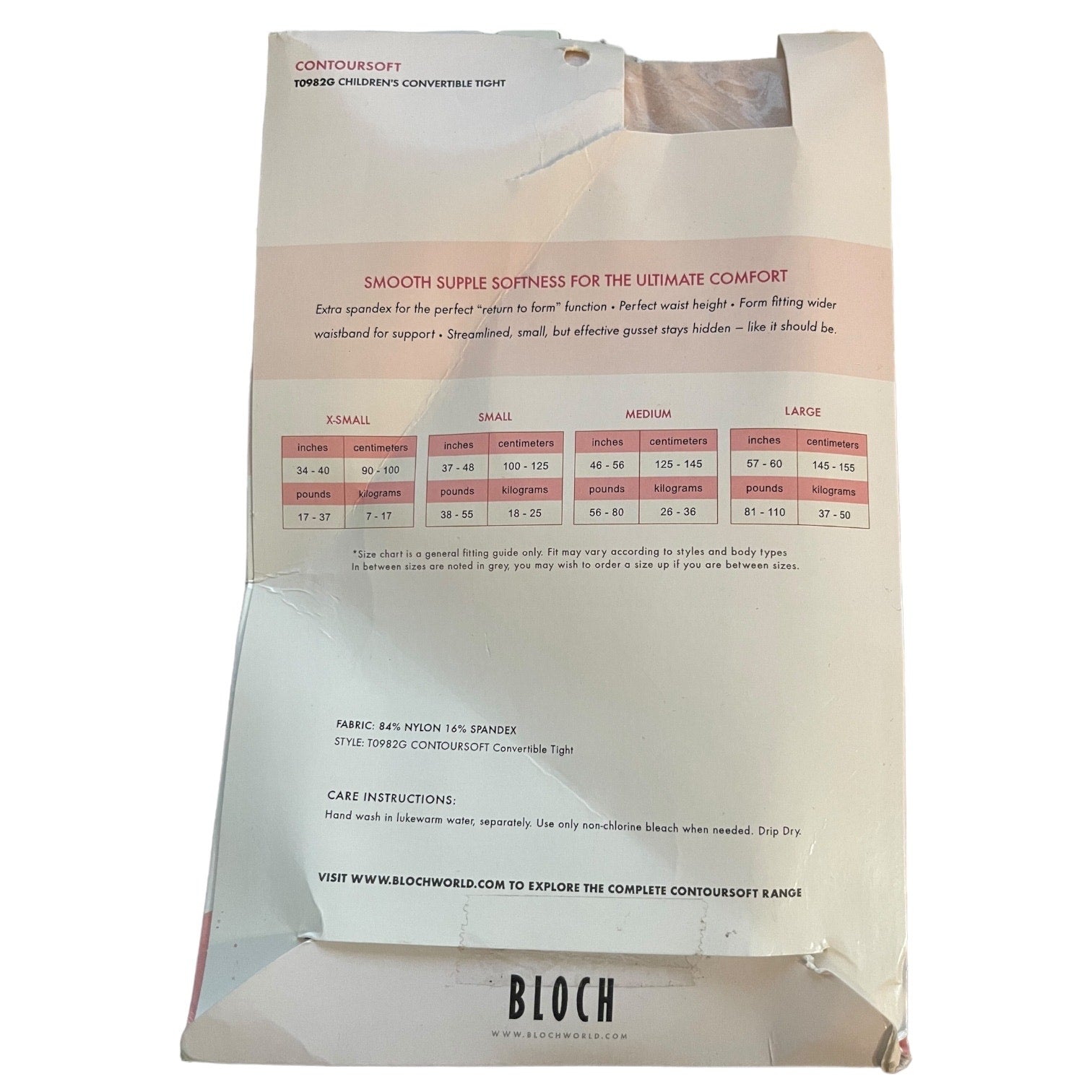 Package of Bloch Contour Soft convertible tights with size chart and branding.