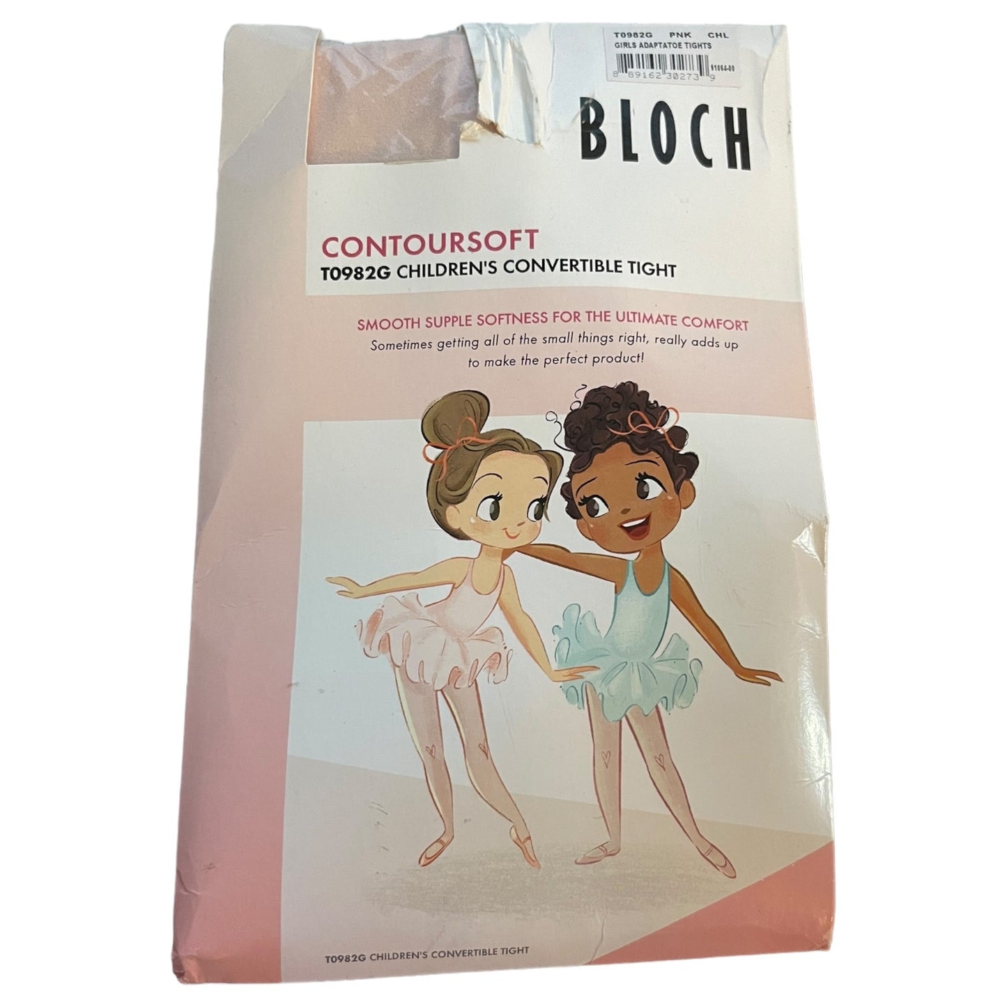 Packaging of Bloch children's convertible tights with illustrations of two ballerinas on a white background.