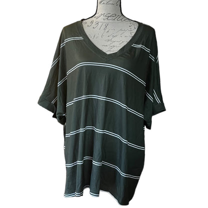 A dark green V-neck short-sleeve top with thin white horizontal stripes, displayed on a mannequin torso against a white background.