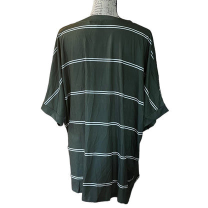 A dark green short-sleeve t-shirt with thin white horizontal stripes, shown from the back on a mannequin torso against a white background.