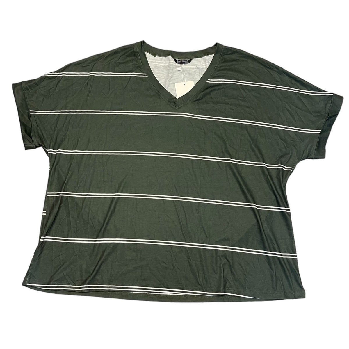 An short-sleeve V-neck t-shirt in dark  green with thin white horizontal stripes, laid flat on a white background.