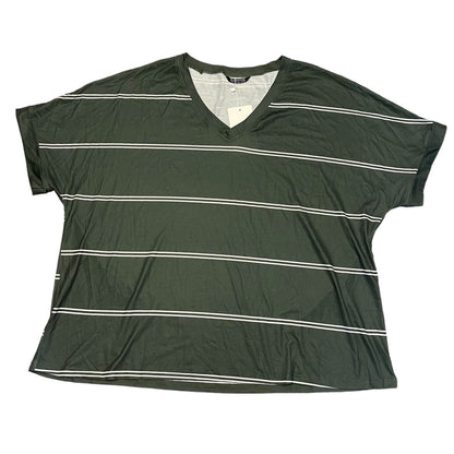 An short-sleeve V-neck t-shirt in dark  green with thin white horizontal stripes, laid flat on a white background.