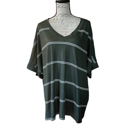 A dark green V-neck short-sleeve top with white horizontal stripes, displayed on a mannequin torso against a white background.