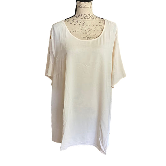 Front of off white top on a mannequin against a white background