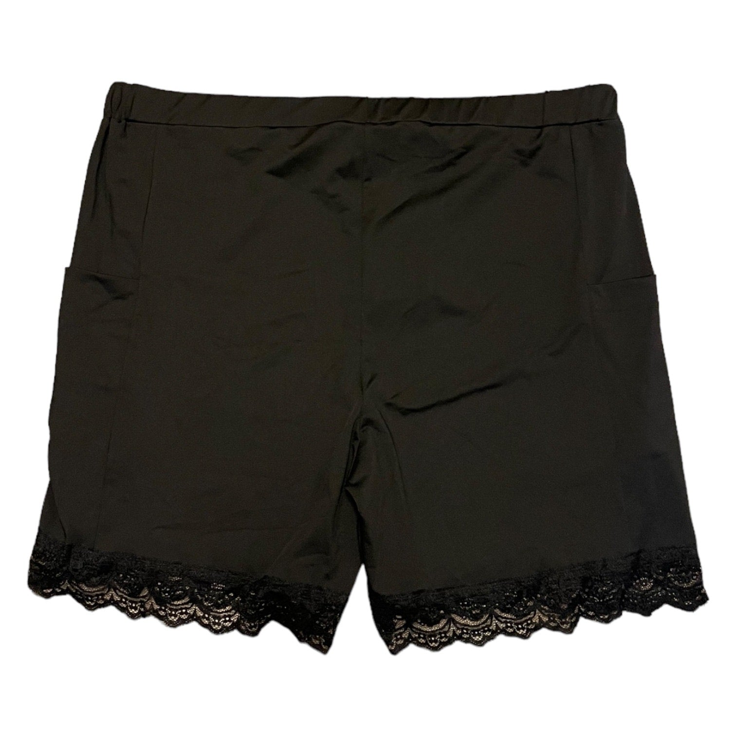 Back of Black shorts with lace trim on a white background