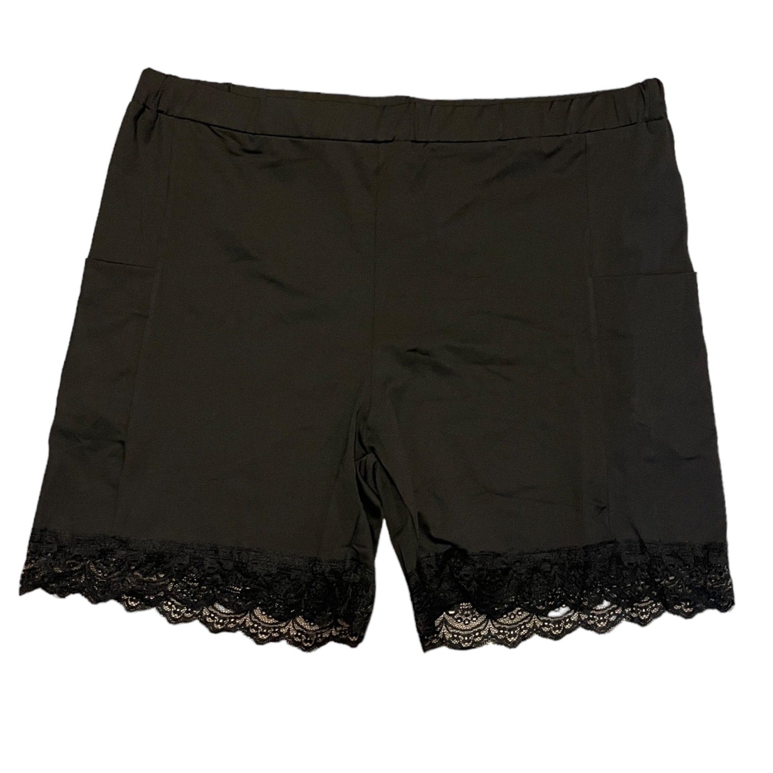 Front of Black shorts with lace trim on a white background