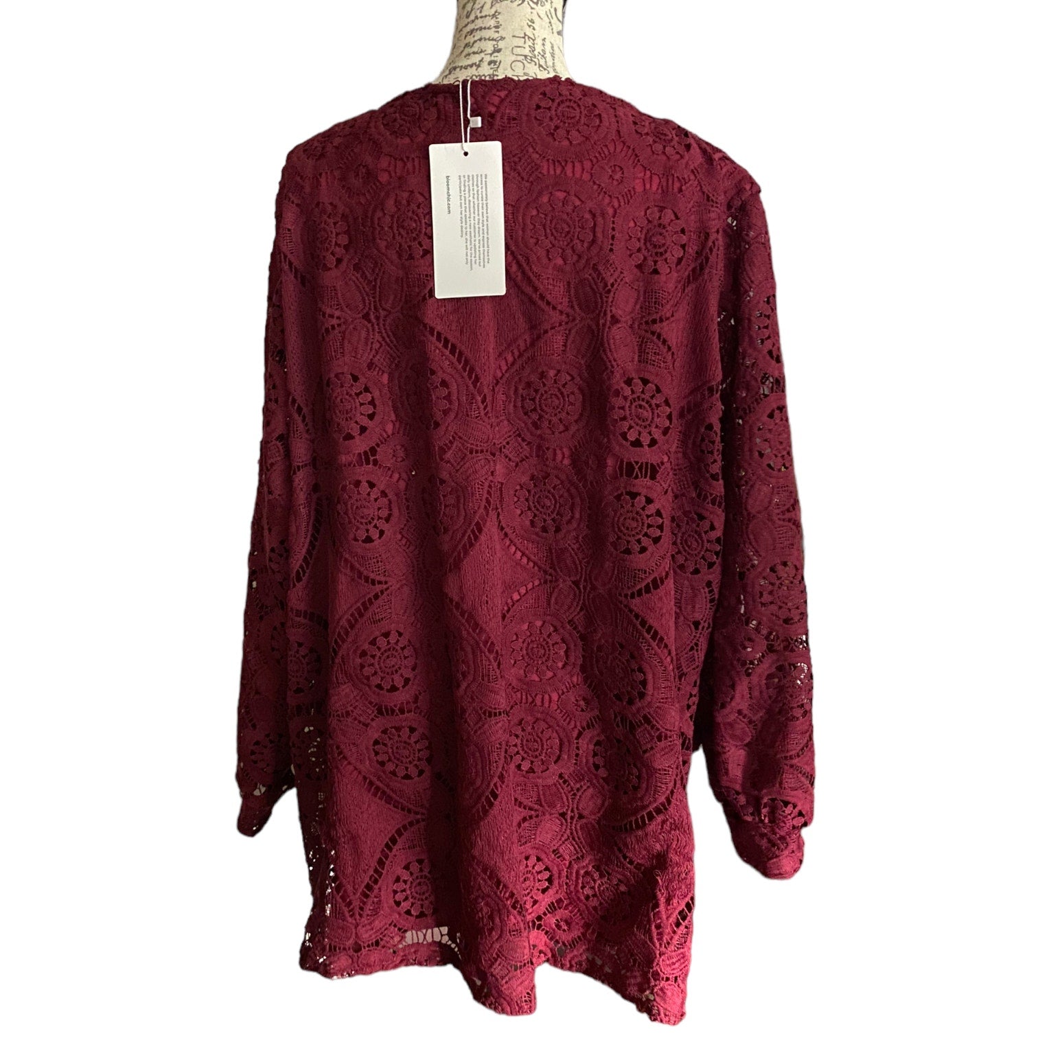 Red lace top on a mannequin with a white tag against a white background