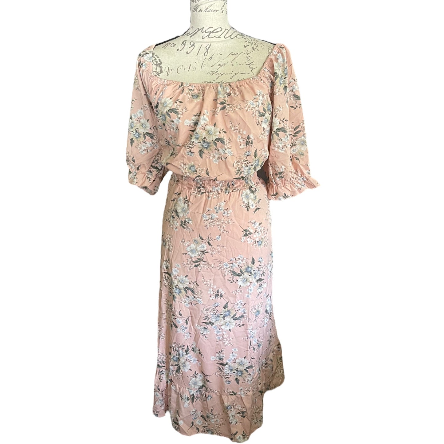 Back of pink Floral dress on a mannequin with a white background