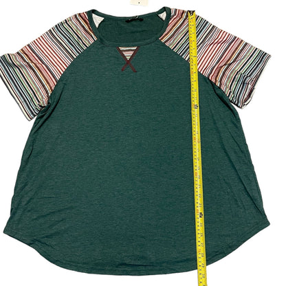 Green t-shirt with striped sleeves and a measuring tape on a white background
