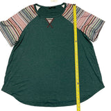 Green t-shirt with striped sleeves and a measuring tape on a white background